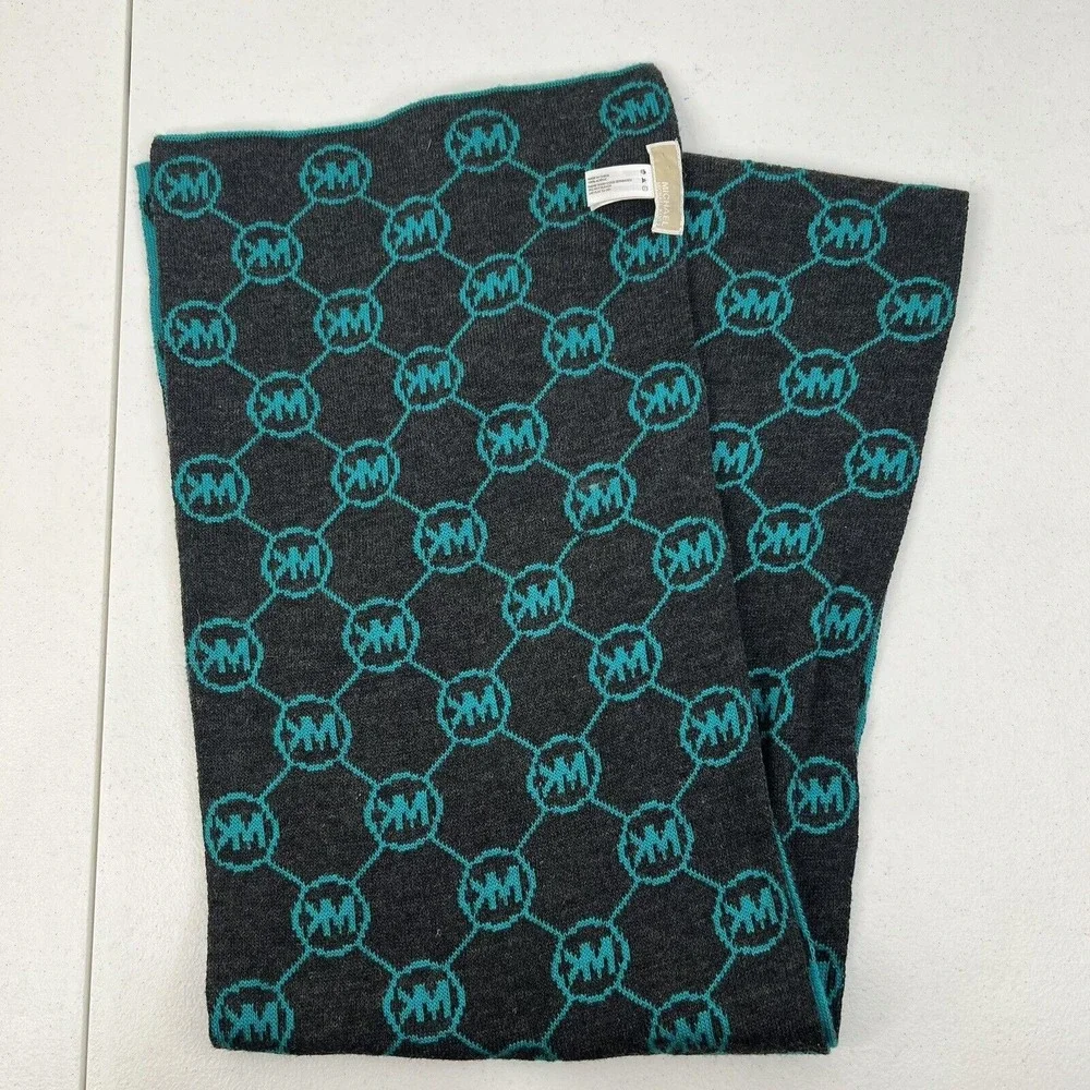 Michael Kors Scarf Reversible MK Logo Monogram Knit Teal Charcoal Grey Accessory